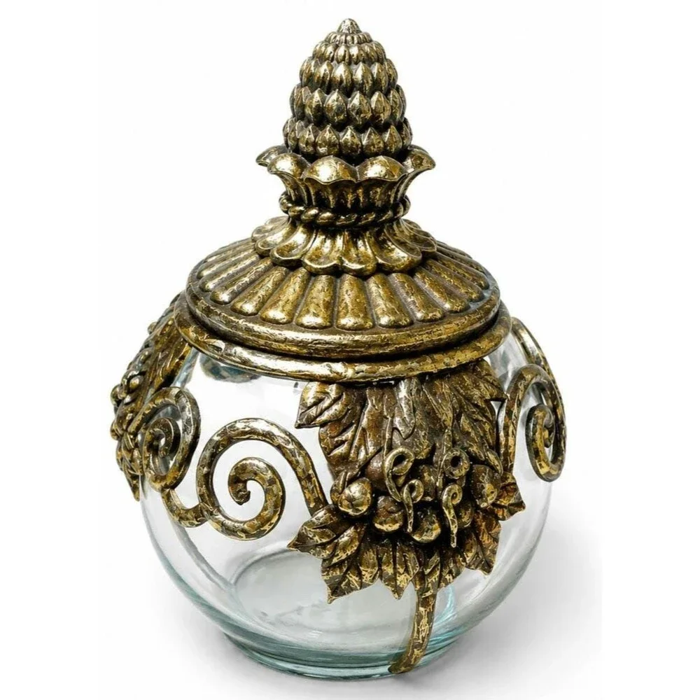 Ornate Gold Grapevine Glass Jar with Lid – Made in Philippines